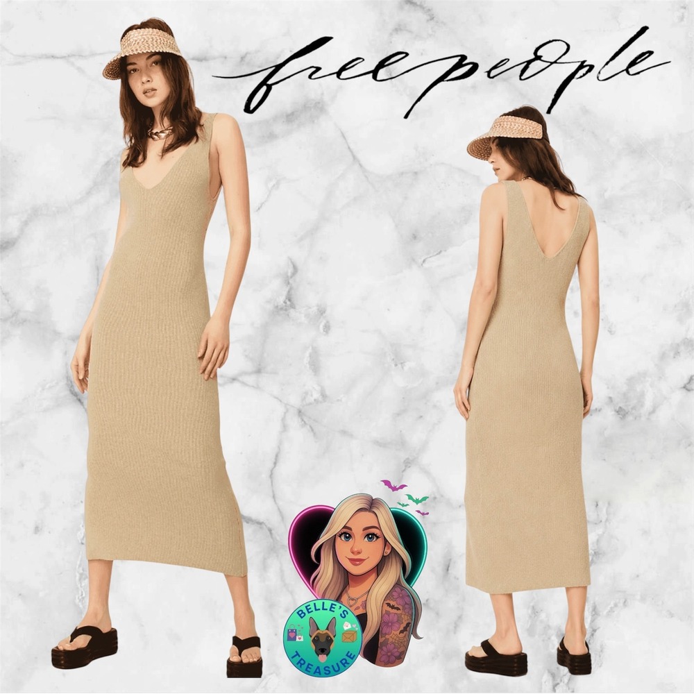 Free People Beach Daniela Sweater Ribbed V-Neck Midi Dress Tan Tank Womens Large